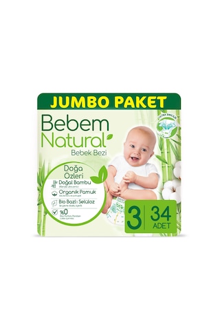 Bebem Natural Bebek Bezi 3 Numara Midi Jumbo Paket 34 Adet