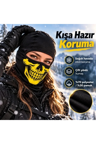 Trendexa Unisex Sarı Kurukafa Desenli Balaklava Kar Maskesi Siyah Tam Yüz Boyunluk Motosiklet Outdoor Maske Renk: Siyah Beden: Standart Adet: 1 Mac