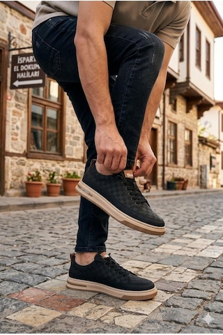 Pepita E385 Rahat Hafif Keten Özel Tasarım Spor Sneaker Erkek Ayakkabı Siyah