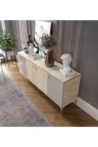 Traverten Çok Amaçlı Modern Konsol, 4 Kapaklı 160cm Mermer Desenli Konsol - Tamamı Mdf Traverten - Kumtaşı