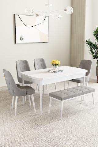 Clara Beyaz 80x132 Açılabilir Mdf Masa Yemek Odası Takımı,mutfak Takımı 4 Sandalye 1 Bench Gri