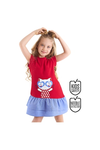 Denokids Kedi Fırfırlı Kırmızı Kız Elbise Kırmızı