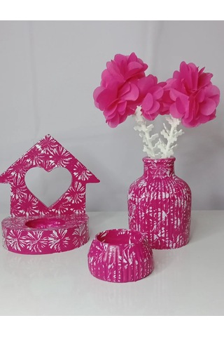 Dekoratif Çiçekli Vazo Mumluk Takımı Fuşya İskandinav Pampas Vazosu 9 Cm