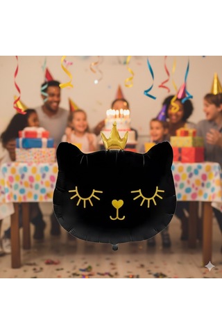 66 Cm Grabo Siyah Kedi Kafası Taçlı Folyo Balon - Doğum Günü Parti Dekorasyon Balonu Çok Renkli
