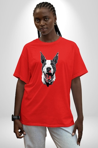 Doberman Kırmızı Dil Siyah Dik Kulak Pamuklu Bisiklet Yaka Unisex Oversize Boyfriend Dijital Baskılı Kırmızı T-shirt Kırmızı
