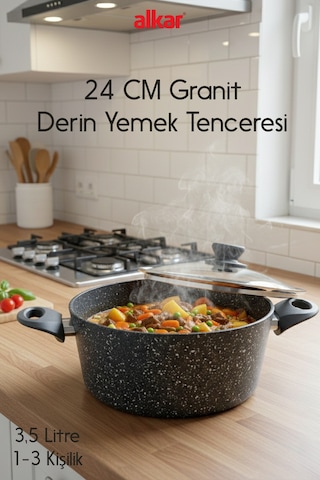 24 Cm Bio Granit Döküm Derin Yemek Tenceresi Yanmaz Ve Yapışmaz Pfoa Free Siyah