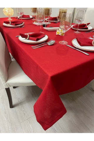 Polyester Keten Simli Masa Örtüsü Kırmızı