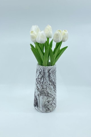 20 Cm Mermer Desenli Beton Vazoda Yapay Islak Lale 7 Dal Beyaz Siyahımsı