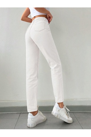 Kadın Mom Fit Jeans Kot Pantolon Beyaz Beyaz