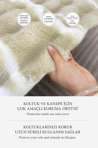 Lüks Kürklü Koltuk Örtüsü 170x215 Cm Yumuşak Peluş Kaymaz Taban Kanepe Örtüsü Bej Krem Bej - Krem