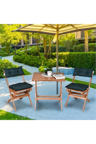 Reyo Ahşap Katlanır Puf Minderli 3'lü Bistro Set Bahçe Takımı Naturel Yeşil