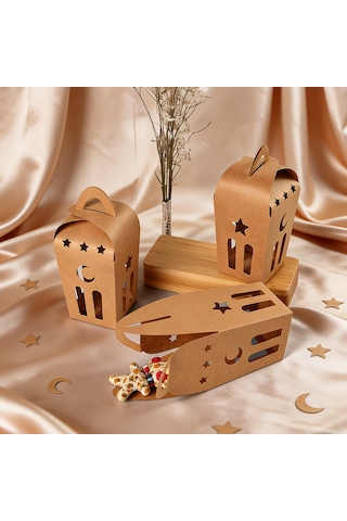 Ramazan Temalı Dekoratif Fener Kutusu, Ay Yıldız Kesim Hediyelik Kutu Seti, 6x9 Cm - 6 Adet, Kraft