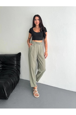 Kadın Yüksel Bel Beli Bağcıklı Cepli Rahat Paça Pantalon - Su Yeşili Su Yeşili