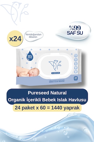 Pureseed Natural Organik İçerikli %99 Saf Su Bebek Islak Havlusu 24x60 24'lü Set