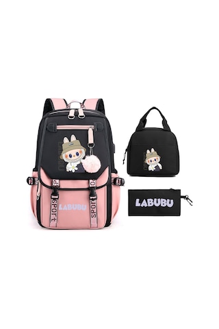 Karikatür Labubu Labubu Çocuk Okul Çantası Sırt Çantası Erkek Ve Kız Çocukları İçin Üç Parçalı Set Siyah Pembe 01