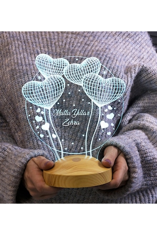 Yılbaşı Hediyesi, Sevgiliye, Arkadaşa Kişiye Özel Yeni Yıl Hediyesi, İsimli Balon Kalpler Kişiye Özel 3D Led Lamba, Yılbaşı Lambası