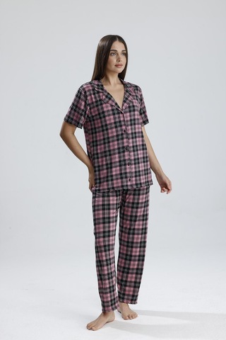 Kompedan Kadın Önden Düğmeli Pijama Takım Ekose Pembe Eks Pembe
