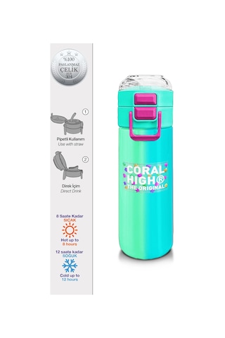 Coral High Kids Renkli Çizgili Pipetli Ve Direkt İçim Çelik Termos 500 Ml 31844 Çok Renkli