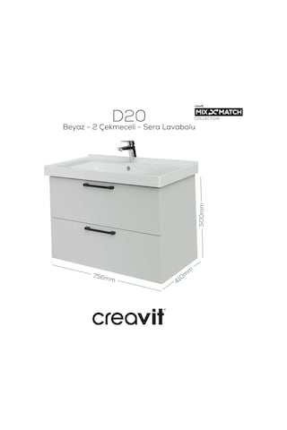 Creavit D20 80 Cm İki Çekmeceli Lavabo Dolabı Beyaz Melamin Kapak Demonte Beyaz