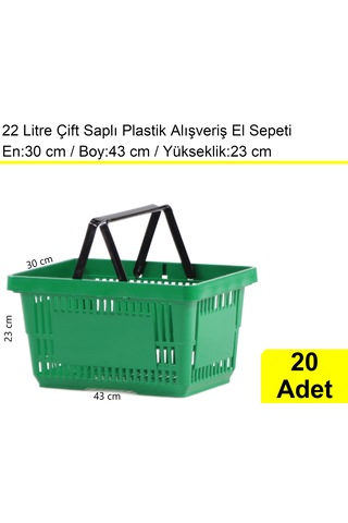 Plastik Alışveriş El Sepeti Çift Saplı 22 Litre Yeşil 20 Adet / En:30 Boy:43 Yükseklik:22 Cm Yeşil