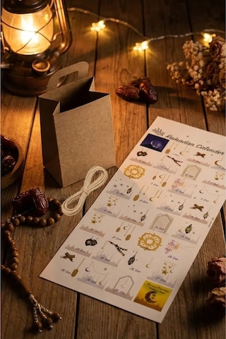 Ramazan Takvim Seti - 30 Günlük Advent Calendar Sticker - 30 Adet Kraft El Geçme Çanta - 10m Jüt İp