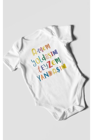 Annem Yoldaşım Teyzem Yandaşım Baskılı Bebek Zıbını Çıtçıtlı Body %100 Pamuk Kısa Kol Beyaz