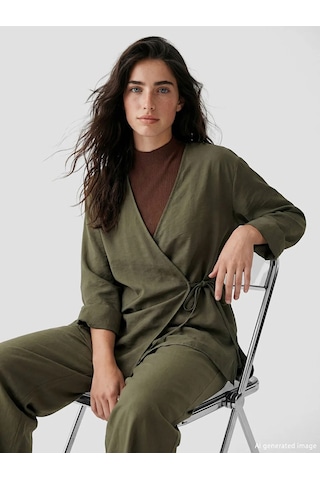 Lc Waikiki Haki Kruvaze Yaka Dokulu Modal Karışımlı Kadın Kimono
