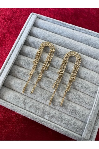 Altın Renk Zirkon Taşlı Püsküllü Sallantılı Kına Düğün Nişan Abiye Kararmaz Paslanmaz Kadın Küpe Gold