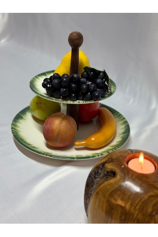 Aless 2 Katlı Yeşil Detaylı Yuvarlak Ahşap Kulplu Seramik Sunumlu