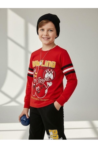 Zekids Erkek Çocuk Pamuklu Bowling Baskılı Pijama Takımı-16821 Kırmızı