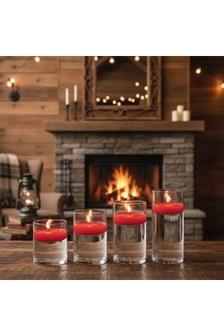 4 Lü Vazo + 12 Adet Çap 5 Cm Kırmızı Yüzen Mum Kırımızı