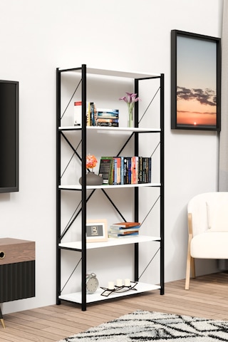 5 Geniş Raflı Kitaplık Metal Çerçeveli Modern Raf Çalışma Odası Ofis Salon Kitaplığı Evrak Rafı Beyaz