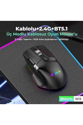 Mkespn W13 Dual Mode Gaming Mouse 10000 Dpı 10 Tuş 1000hz Rgb - Siyah