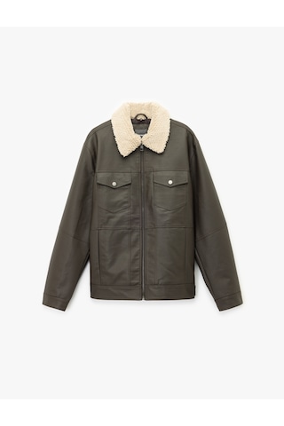 Koton Uzun Kollu Kapaklı Cep Detaylı Slim Fit Peluş Yaka Suni Deri Ceket Kahverengi 6wam20128hw Kahverengi