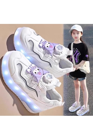 Kız Çocuk Spor Ayakkabı Şarj Edilebilir Farklı Modlarda Led Işıklı Kapanabilir Tekerlekli Beyaz