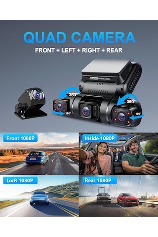 Pruveeo Dash Cam, 4 Kanallı Kamera Fhd 1080px4, Ön, Sol, Sağ Ve Arka, Ön Ve Arka İç, Dahili Gps Wifi, 256 Gb Max,