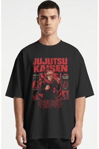 Jujutsu Kaisen Itadori Yuji Anime Baskılı Unisex Oversize Premium Siyah
