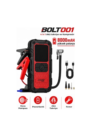 Bolt 001 Taşıma Çantalı 4' Ü 1 Arada Akü Takviye Cihazı Şarjlı Lastik Şişirme Powerbank Led Işık