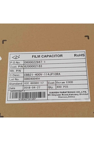 Cbb21-400v-114jp10ra 110nf 400v 10mm Damla Xıamen Polyester Kondansatör 30 Adet