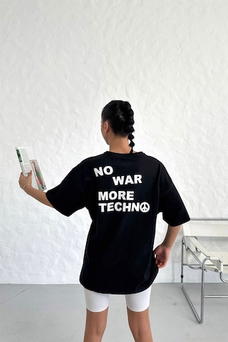 Technomonkey Unisex Siyah Oversize No War More Techno Baskılı Tişört