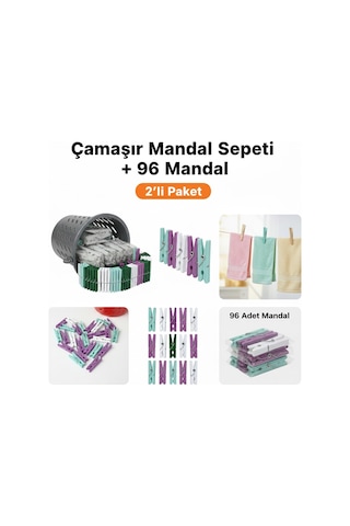 Sepet Hediyeli 96'lı Çamaşır Mandalı Seti - Paslanmaz Yaylı Ve İz Yapmayan Dayanıklı Mandallar Çok Renkli