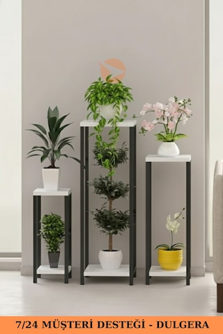 Flora Dekoratif 3'lü Metal Çiçeklik Saksı Standı & Yan Sehpa Seti - Modern Bahçe Balkon Çiçek Rafı