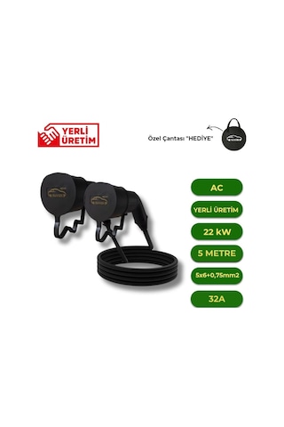 Nuvion Type 2 Ac 5 Metre Elektrikli Araç Şarj Kablosu, 22 Kw, 32a, 5 Metre, 5x6+0,75mm2, Taşıma Çantası  Genel