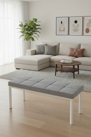 Vena 105x40 Bench - Babyface Kumaş Çımalı Döşeme Puf Bench Beyaz Ayaklı Gri