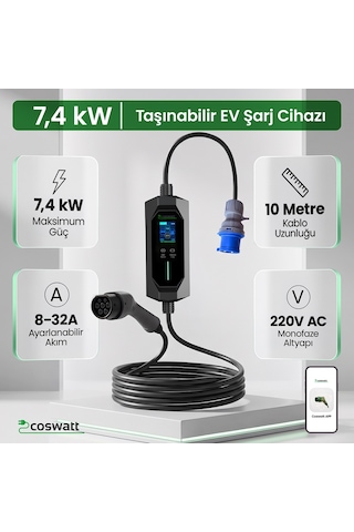 7 KW 32A Türkçe Menü 10 M Elektrikli Araç Şarj İstasyonu Taşınabilir