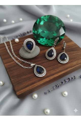 Safir Taşlı Gümüş Kolye Takımı Bronz