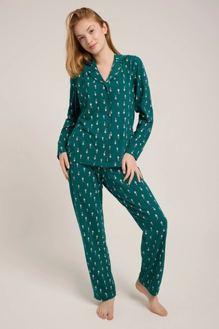 Yeşil Noel Baba Baskılı Düğmeli Pijama Takım Yeşil