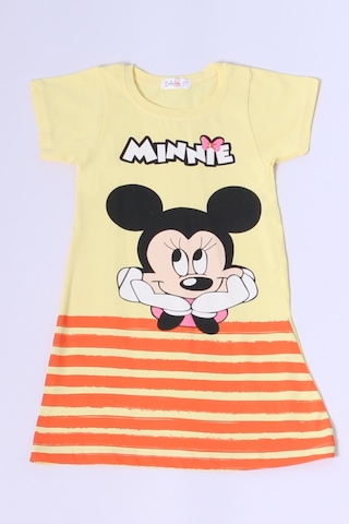 Kız Çocuk Elbise Karakter Baskılı Çizgili A25 Sarı