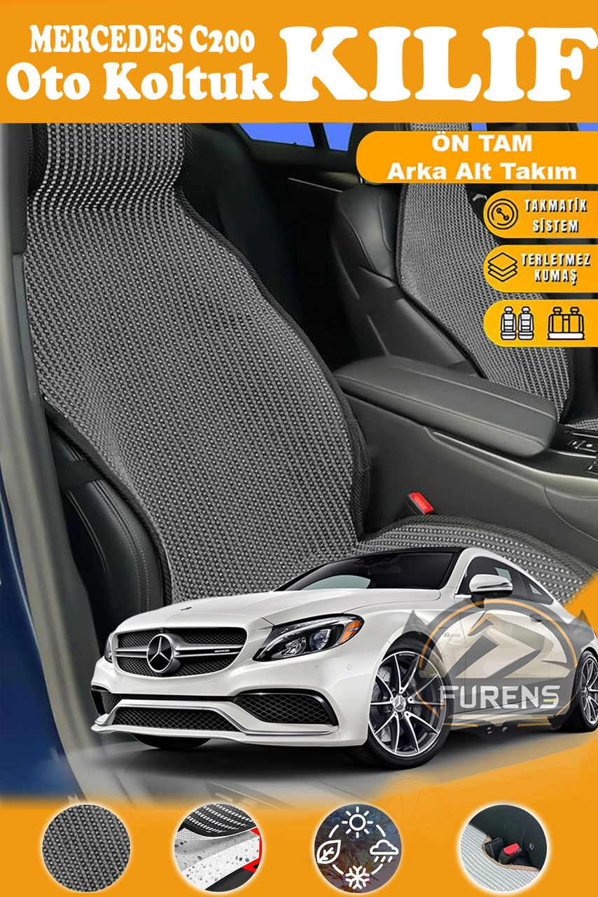 Mercedes C200 Uyumlu Siyah Prestij Serisi Dokuma Kumaş Oto Koltuk Kılıfı Ön Tam Arka Alt