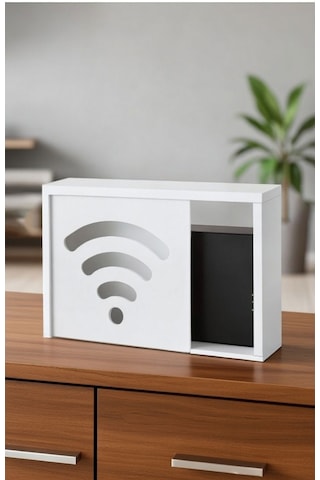 Teknor Ahşap Modem Saklama Kutusu Dekoratif Wifi Desenli Saklama Kutusu Demonte 35 X 40 Cm Sürgülü